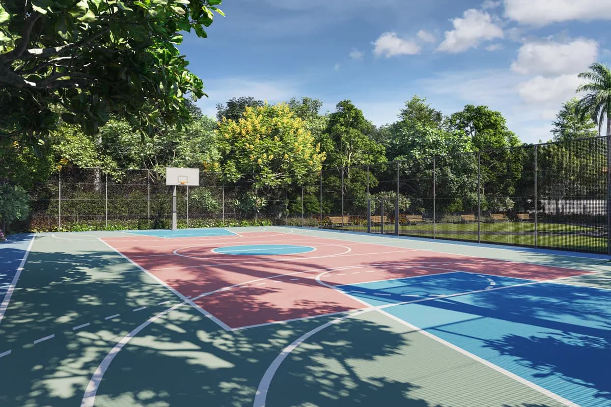 Outdoor basketball half-court with lighting